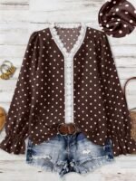 Elorivane Plus Size Women's Polka Dot V-Neck Blouse, Basic Casual Long Sleeve Daily Wear Top - Image 4