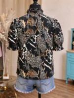 Elorivane Plus Size Women's Leopard Print Blouse, Ruffle Trim Short Sleeve Casual Top for Summer Holiday Wear - Image 24