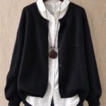 Elorivane Plus Size Women's Black Solid Color Round Neck Knitted Cardigan, Loose Drop Shoulder Long Sleeve Single-Breasted Sweater Jacket with Pocket, Baggy Casual Daily Top
