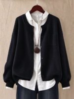 Elorivane Plus Size Women's Black Solid Color Round Neck Knitted Cardigan, Loose Drop Shoulder Long Sleeve Single-Breasted Sweater Jacket with Pocket, Baggy Casual Daily Top