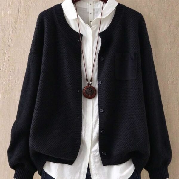 Elorivane Plus Size Women's Black Solid Color Round Neck Knitted Cardigan, Loose Drop Shoulder Long Sleeve Single-Breasted Sweater Jacket with Pocket, Baggy Casual Daily Top