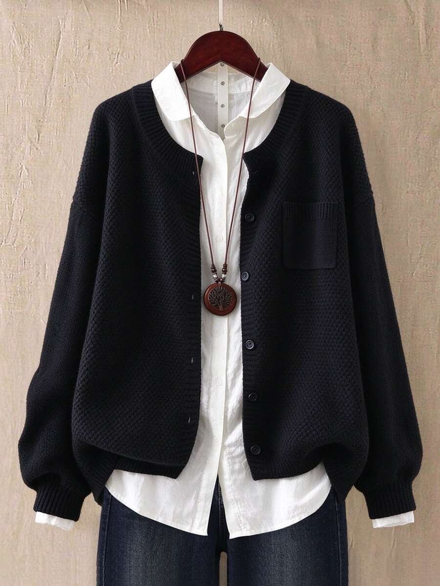 321c7788f608f30fe8cdffa1afc77b3ffc97df995ed12dd6fac76a5a6000ad00_thumbnail_900x Elorivane Plus Size Women's Black Solid Color Round Neck Knitted Cardigan, Loose Drop Shoulder Long Sleeve Single-Breasted Sweater Jacket with Pocket, Baggy Casual Daily Top - Image 1