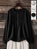 Elorivane Plus Size Women's Black Pure Cotton Crew Neck Long Sleeve Shirt, Casual Striped Detail Top