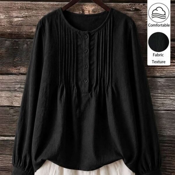 Elorivane Plus Size Women's Black Pure Cotton Crew Neck Long Sleeve Shirt, Casual Striped Detail Top