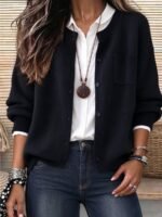 Elorivane Plus Size Women's Black Solid Color Round Neck Knitted Cardigan, Loose Drop Shoulder Long Sleeve Single-Breasted Sweater Jacket with Pocket, Baggy Casual Daily Top - Image 3
