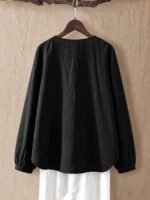 Elorivane Plus Size Women's Black Pure Cotton Crew Neck Long Sleeve Shirt, Casual Striped Detail Top - Image 2