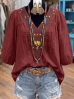 Elorivane Plus Size Women's Embroidered Blouse, Loose Fit Versatile 3/4 Sleeve Casual Top for Fall Vacation Wear - Image 6
