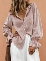 Elorivane Plus Size Women's Pink Random Print Long Sleeve Blouse, Vintage Elegant Versatile Turn Collar Top with Elastic Cuffs for Spring & Autumn Wear - Image 5