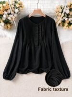 Elorivane Plus Size Women's Black Pure Cotton Crew Neck Long Sleeve Shirt, Casual Striped Detail Top - Image 4