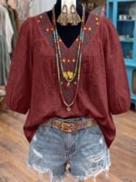 Elorivane Plus Size Women's Embroidered Blouse, Loose Fit Versatile 3/4 Sleeve Casual Top for Fall Vacation Wear - Image 4