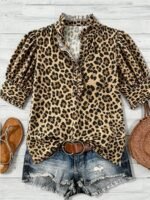 Elorivane Plus Size Women's Leopard Print Blouse, Ruffle Trim Short Sleeve Casual Top for Summer Holiday Wear - Image 4