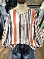 Elorivane Plus Size Vertical Striped Loose Lantern Sleeve Blouse Autumn - Image 3