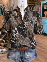 Elorivane Plus Size Women's Leopard Print Blouse, Ruffle Trim Short Sleeve Casual Top for Summer Holiday Wear - Image 23