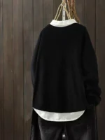 Elorivane Plus Size Women's Black Solid Color Round Neck Knitted Cardigan, Loose Drop Shoulder Long Sleeve Single-Breasted Sweater Jacket with Pocket, Baggy Casual Daily Top - Image 2