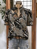 Elorivane Plus Size Women's Leopard Print Blouse, Ruffle Trim Short Sleeve Casual Top for Summer Holiday Wear - Image 26