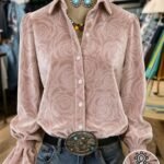 Elorivane Plus Size Women's Pink Random Print Long Sleeve Blouse, Vintage Elegant Versatile Turn Collar Top with Elastic Cuffs for Spring & Autumn Wear