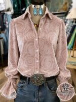 Elorivane Plus Size Women's Pink Random Print Long Sleeve Blouse, Vintage Elegant Versatile Turn Collar Top with Elastic Cuffs for Spring & Autumn Wear