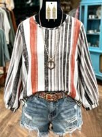 Elorivane Plus Size Vertical Striped Loose Lantern Sleeve Blouse Autumn