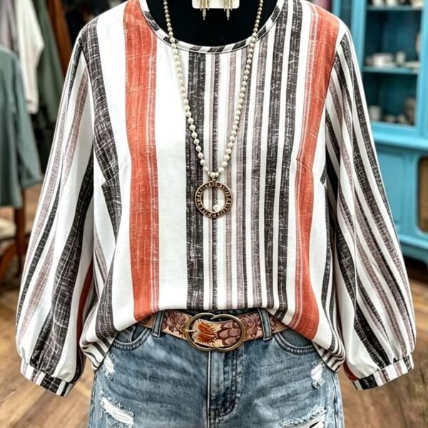 Elorivane Plus Size Vertical Striped Loose Lantern Sleeve Blouse Autumn