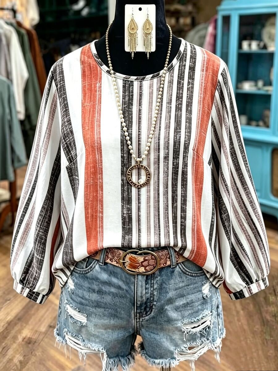 ac3f0f4508b1dddc2d6f32b5cac3bd75a1b03dade5a1d3d8d80104ee7573495e_thumbnail_900x Elorivane Plus Size Vertical Striped Loose Lantern Sleeve Blouse Autumn - Image 1