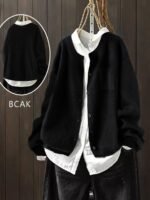 Elorivane Plus Size Women's Black Solid Color Round Neck Knitted Cardigan, Loose Drop Shoulder Long Sleeve Single-Breasted Sweater Jacket with Pocket, Baggy Casual Daily Top - Image 4