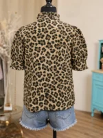 Elorivane Plus Size Women's Leopard Print Blouse, Ruffle Trim Short Sleeve Casual Top for Summer Holiday Wear - Image 2