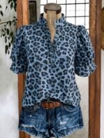 Elorivane Plus Size Women's Leopard Print Blouse, Ruffle Trim Short Sleeve Casual Top for Summer Holiday Wear - Image 8