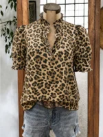 Elorivane Plus Size Women's Leopard Print Blouse, Ruffle Trim Short Sleeve Casual Top for Summer Holiday Wear - Image 5
