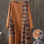Elorivane Plus Size Women's Brown Striped & Solid Color Long Sleeve Dress, Vintage Boho 1920s Style Crew Neck Loose Versatile Outfit for Fall Winter Brunch & Birthday Occasions