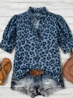Elorivane Plus Size Women's Leopard Print Blouse, Ruffle Trim Short Sleeve Casual Top for Summer Holiday Wear - Image 9