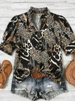 Elorivane Plus Size Women's Leopard Print Blouse, Ruffle Trim Short Sleeve Casual Top for Summer Holiday Wear - Image 25